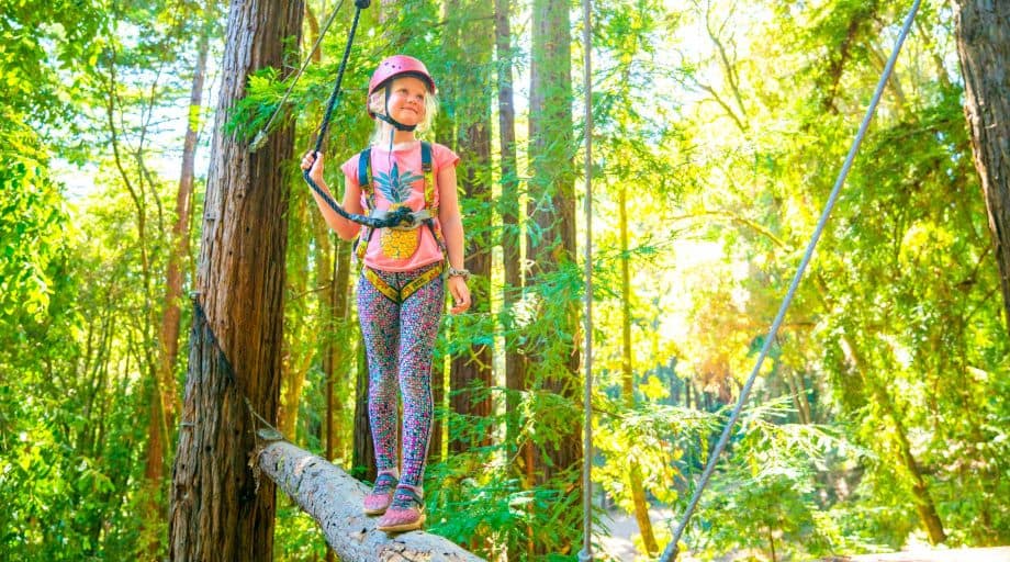 Camper stands on log on ropes course