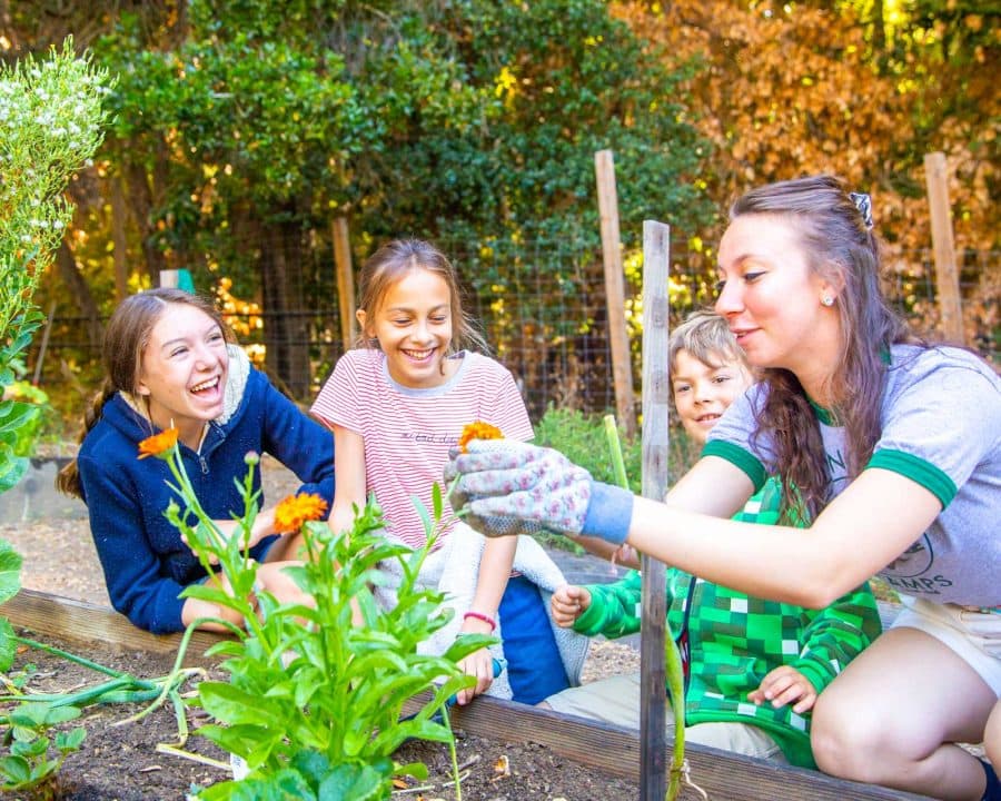 Counselor shows campers how to garden