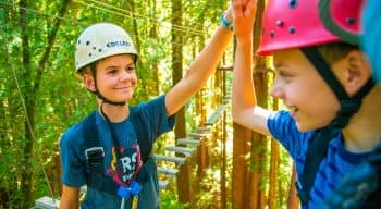 Campers high five on high ropes course at camp