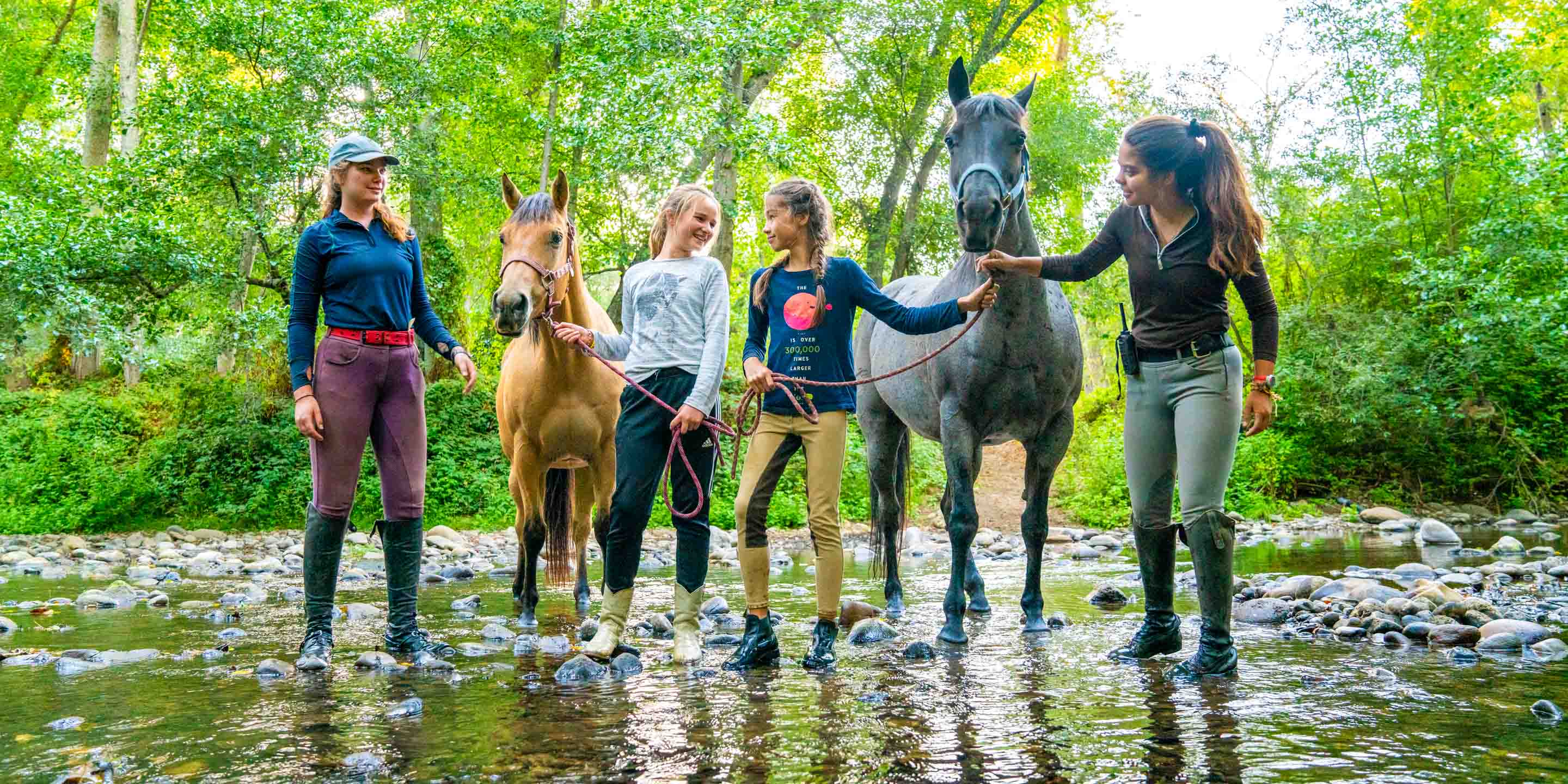 Campers walk horses in shallow river