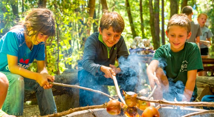 Three boys roasting apples on a fire