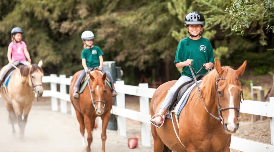 Day campers ride horses in paddock
